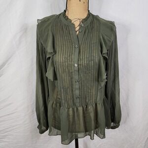 WHO WHAT WEAR Size Small Sheer Green Box Pleated Ruffle Cottagecore Boho Blouse